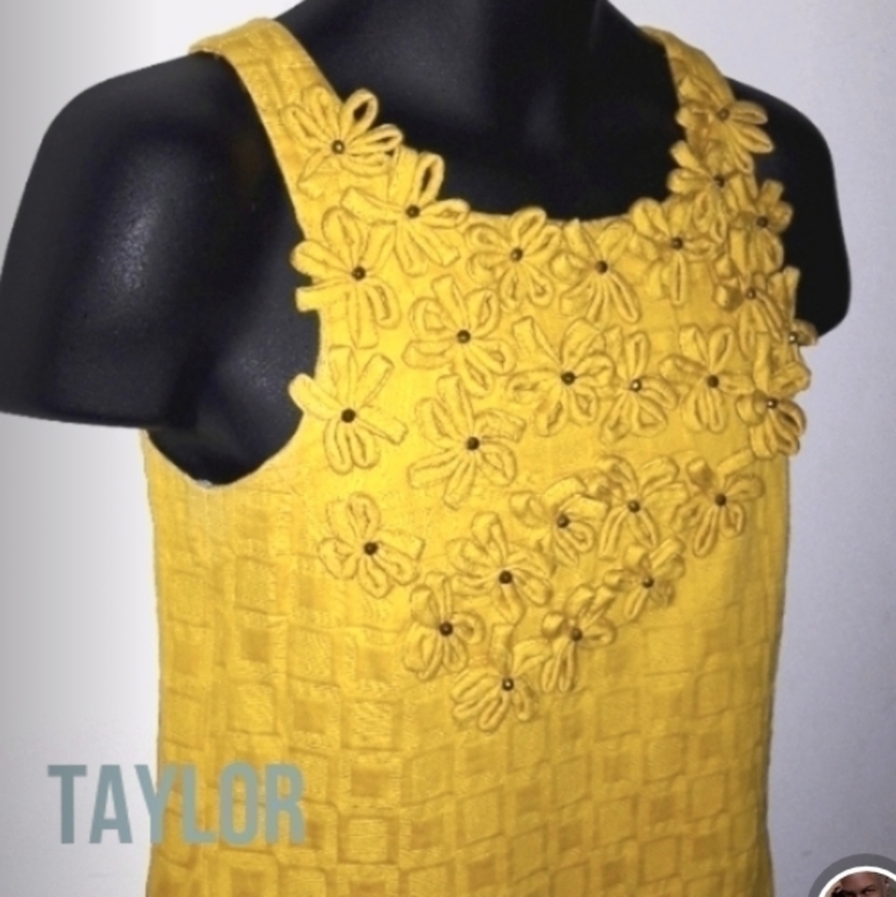 TAYLOR Yellow Sheath Dress with Floral 3D Accents, 2 - Picture 5 of 7